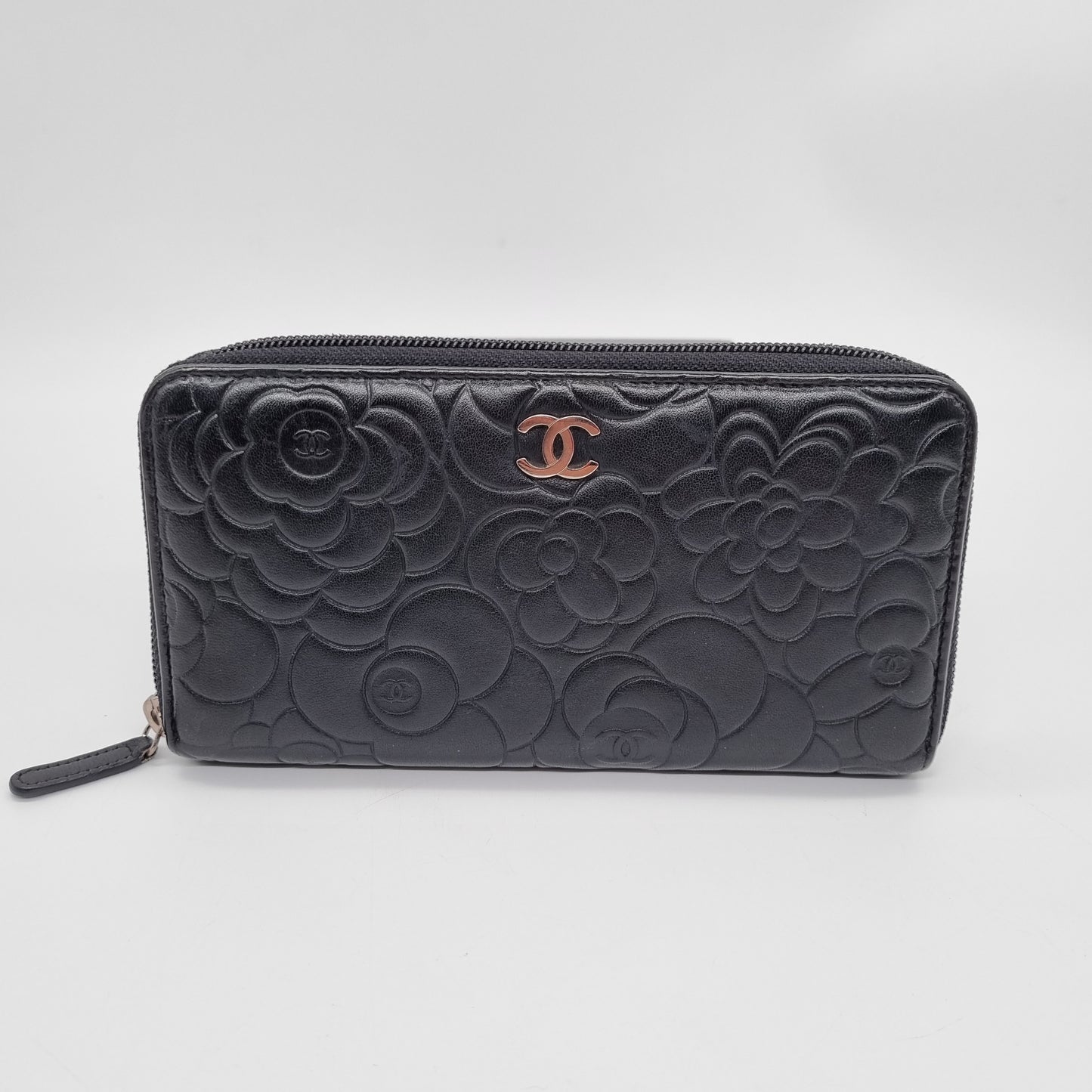 Chanel Camelia Round Zip Long Wallet Black #17 Size 19x10