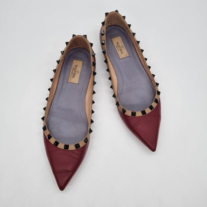 Valentino Rockstud Leather Ballet Flats Maroon Size 39/26 Dari Ujung