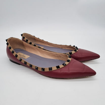 Valentino Rockstud Leather Ballet Flats Maroon Size 39/26 Dari Ujung