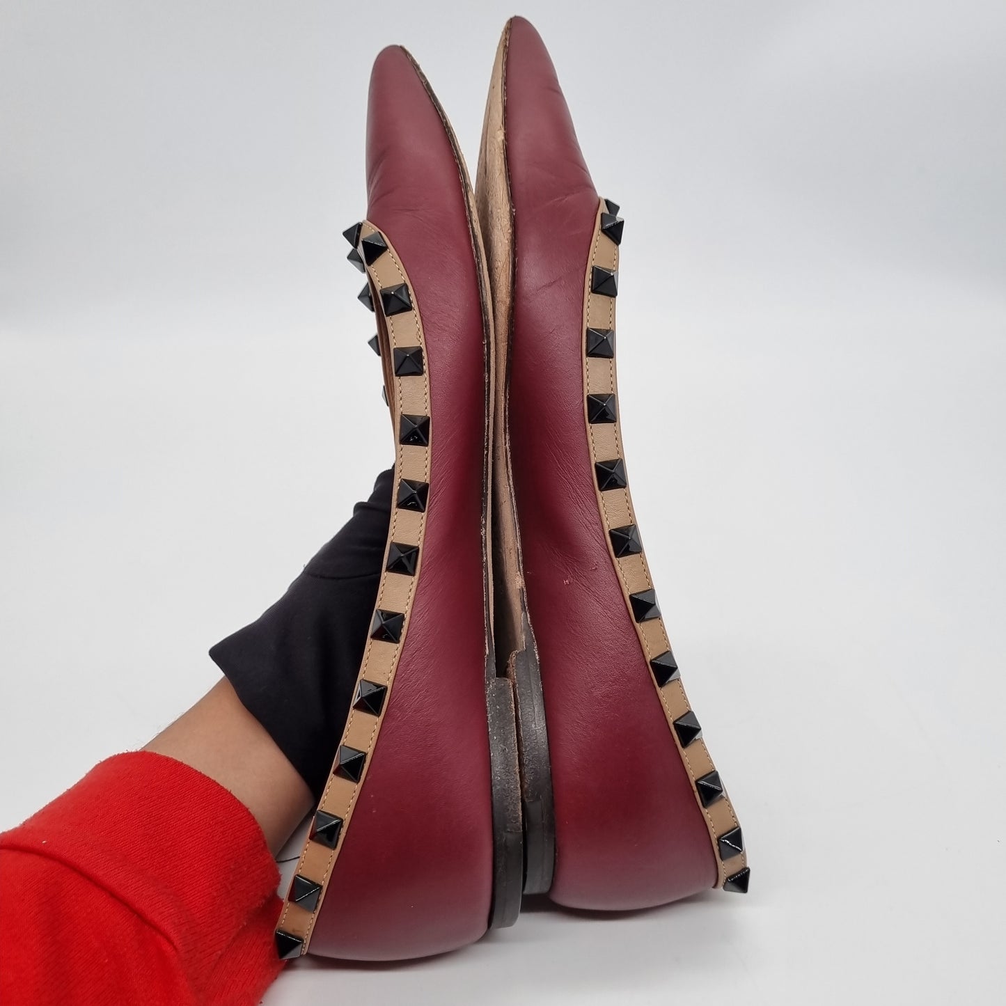 Valentino Rockstud Leather Ballet Flats Maroon Size 39/26 Dari Ujung