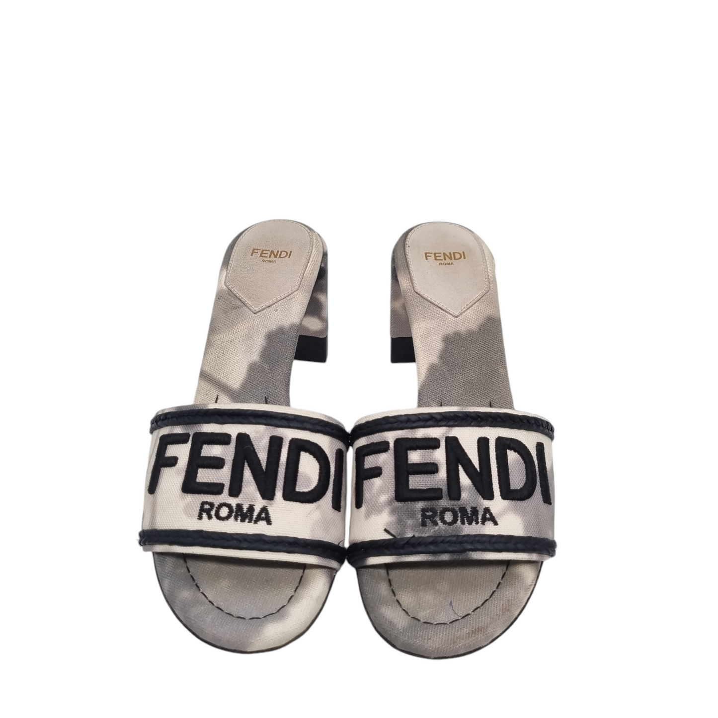 Fendi Signature Floral Motif Slide Sandals White Black Canvas Size 36/24