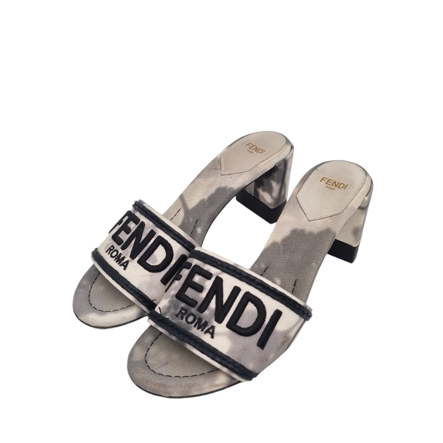 Fendi Signature Floral Motif Slide Sandals White Black Canvas Size 36/24