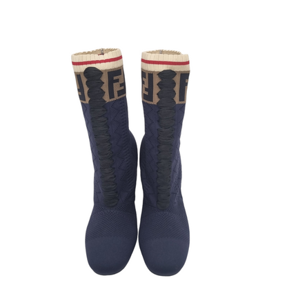 Fendi Rockoko Sock Knit Ankel Boots Navy Logo Size 38/26