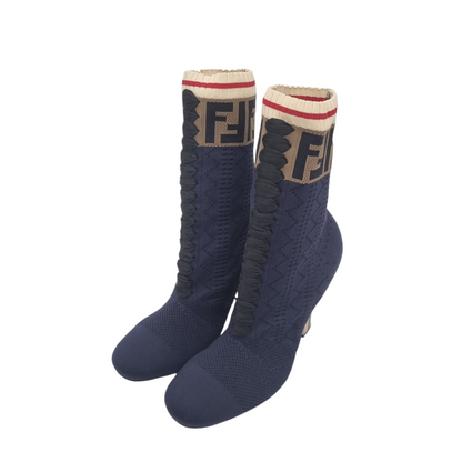 Fendi Rockoko Sock Knit Ankel Boots Navy Logo Size 38/26