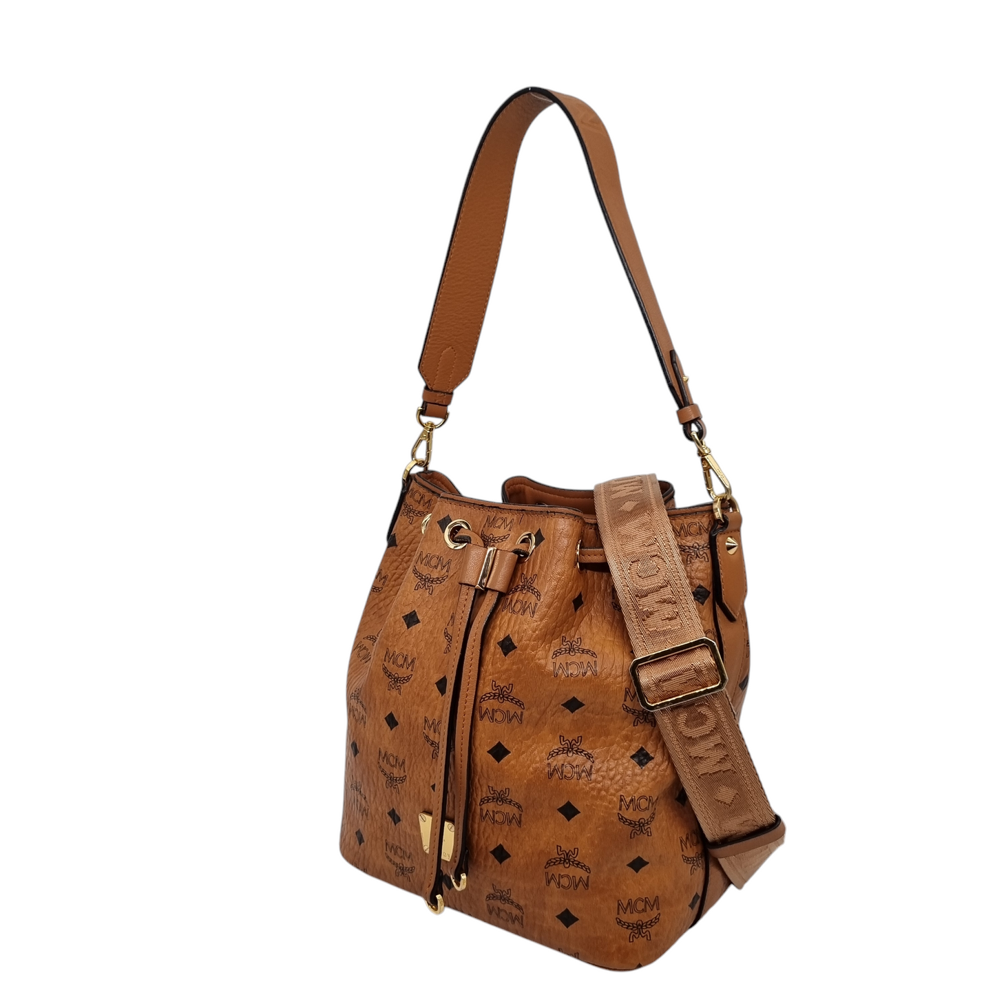 MCM Visetos Drawstring Bucket Bag Brown Size 23x15x25