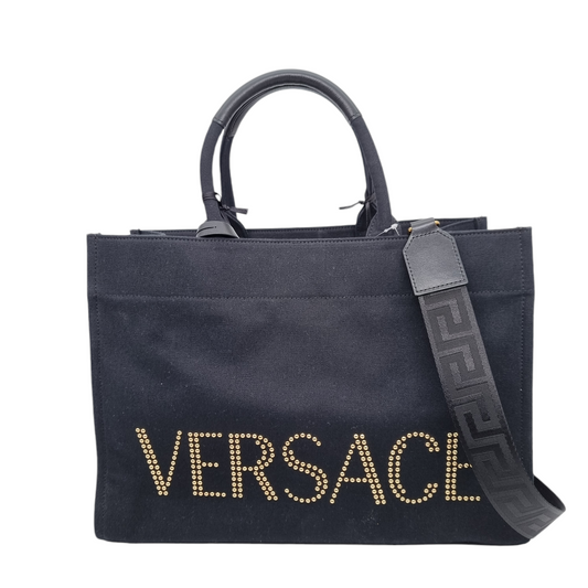 Versace Large Tote Bag With Logo Fabric Stud Black Size 39x16x28