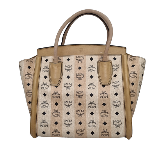 MCM Visetos Logo Leather Tote Beige Size 31x13x32