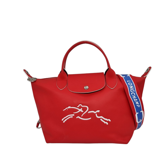 Longchamp Le Pliage Cuir Jockey Medium Short Handle Red Size 37x18x23