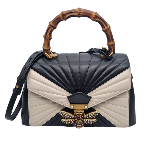 Gucci Bamboo Queen Margaret Top Handle Black White Size 30x8x22