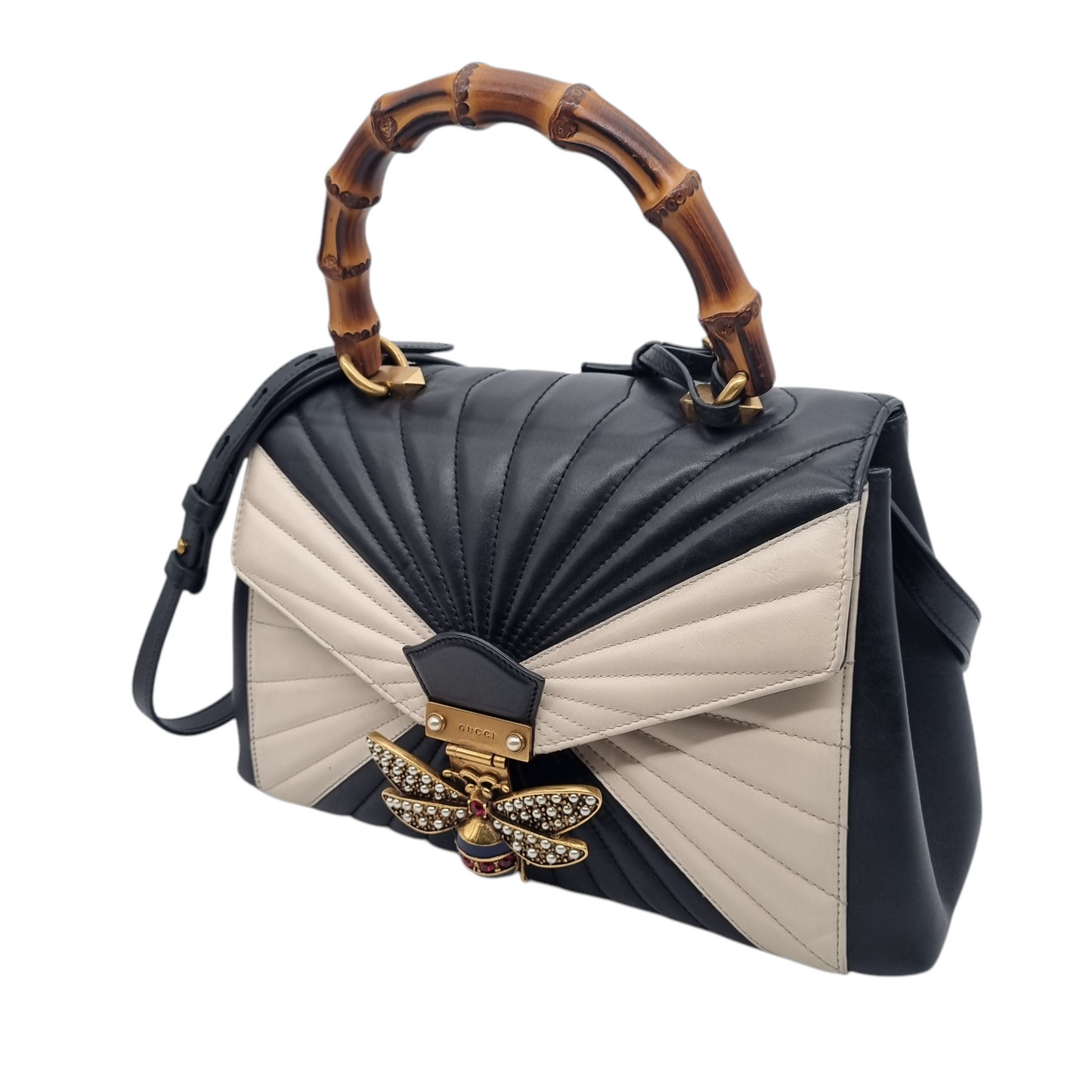 Gucci Bamboo Queen Margaret Top Handle Black White Size 30x8x22