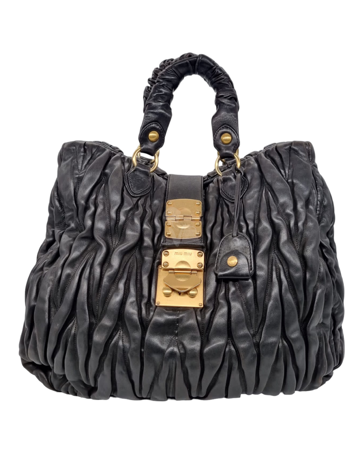 Miu Miu Matelasse Nappa Leather Handbag Black Size 38x14x34