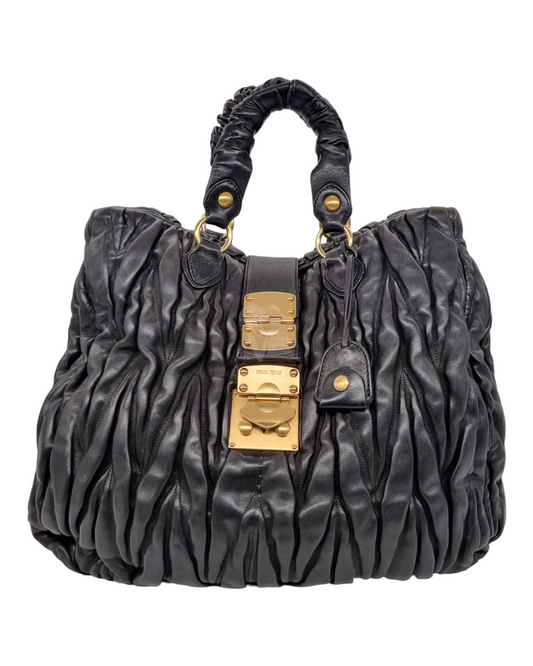 Miu Miu Matelasse Nappa Leather Handbag Black Size 38x14x34