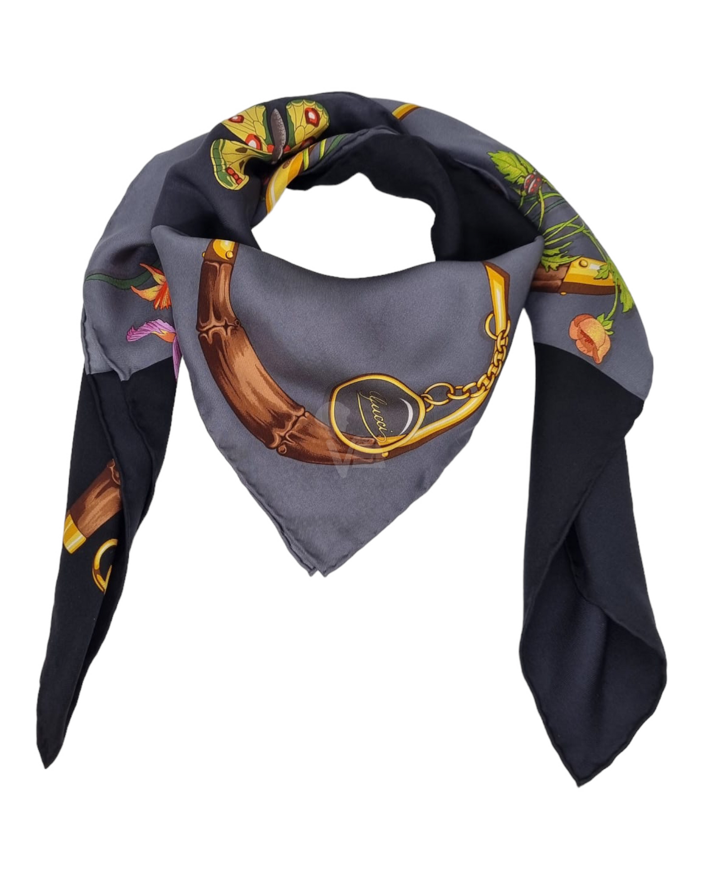 Gucci Scarf Flower Butterfly Black Size 88x82