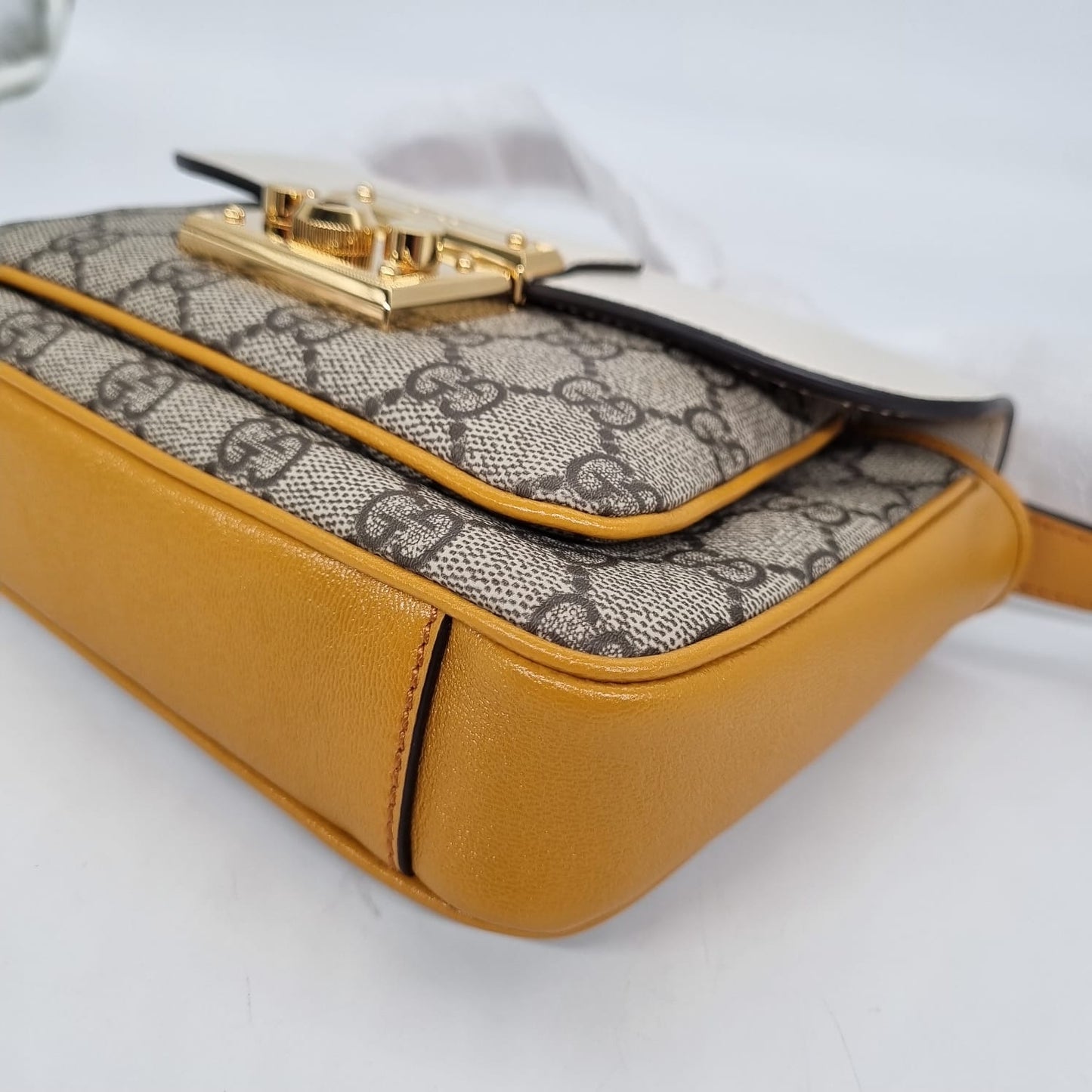 Gucci Padlock GG Supreme Mini Flap Shoulder Bag White Mustard 2023 NEW Size 20x4x15