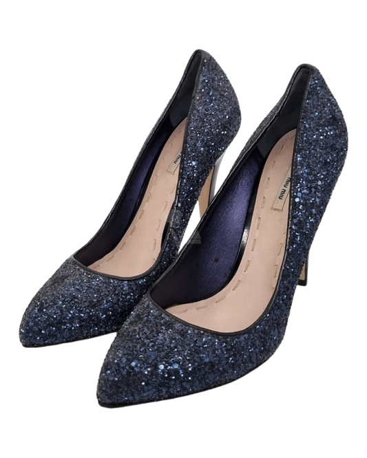 Miu Miu Blue Navy Glitter Heels 39.5 insole 26