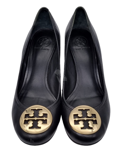 Tory Burch Weadges Gold Logo Black size 7.5M insole 24.5cm