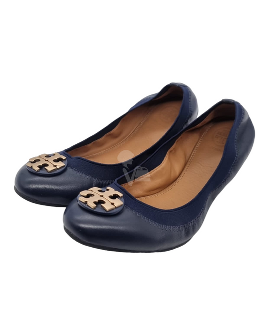 Tory Burch Claire Elastic Travel Balet Nappa Leather Royal Navy Size 7,5/24