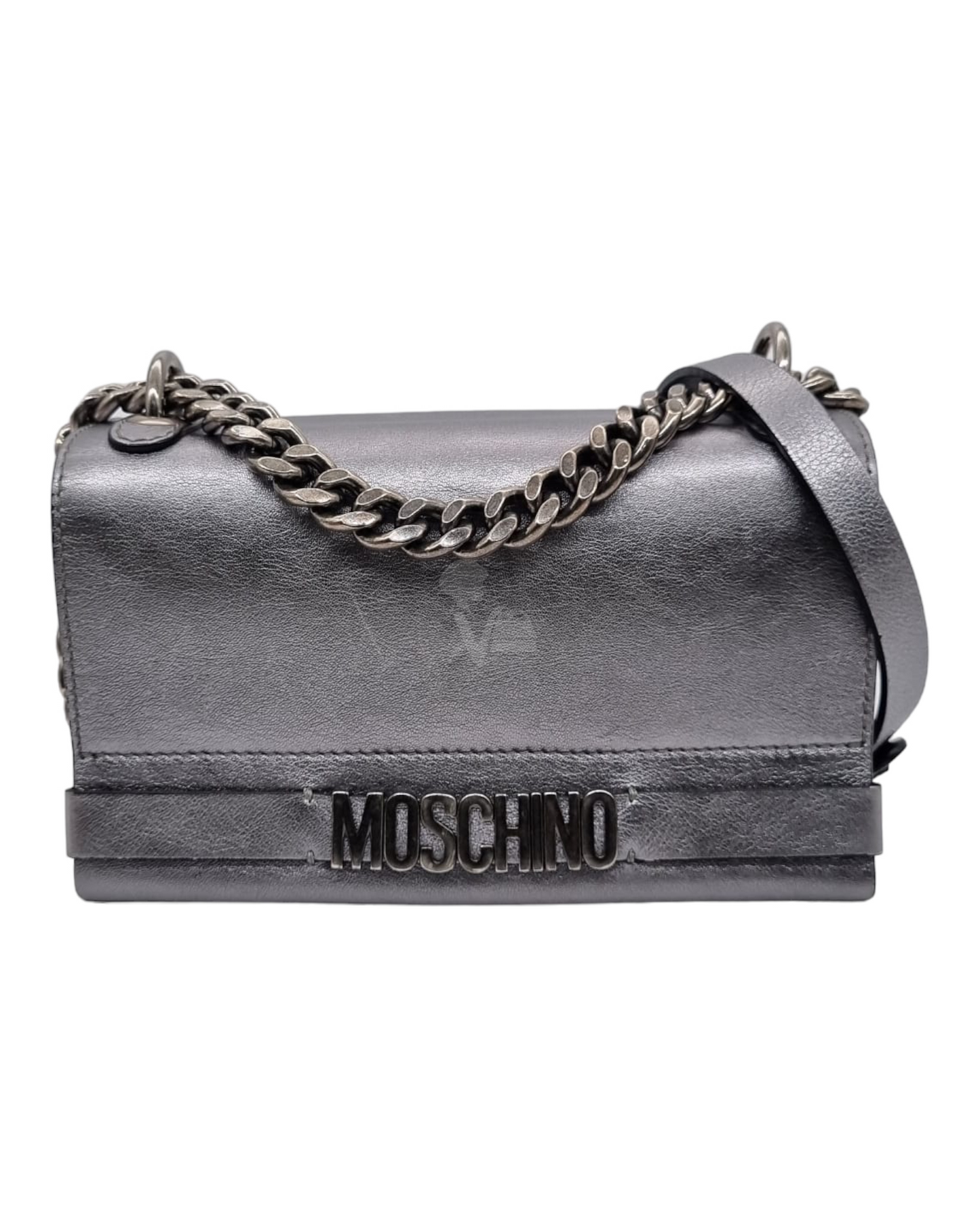 Moschino Handbag Leather Grey Metalic Size 20x7x13