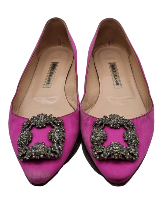 Manolo Blahnik Hangisi Flat Satin Purple Size 39/25,5