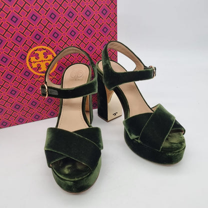 Tory Burch Loretta 115MM Platform Sandal Velvet Banana Leaf Size 7,5/24,5