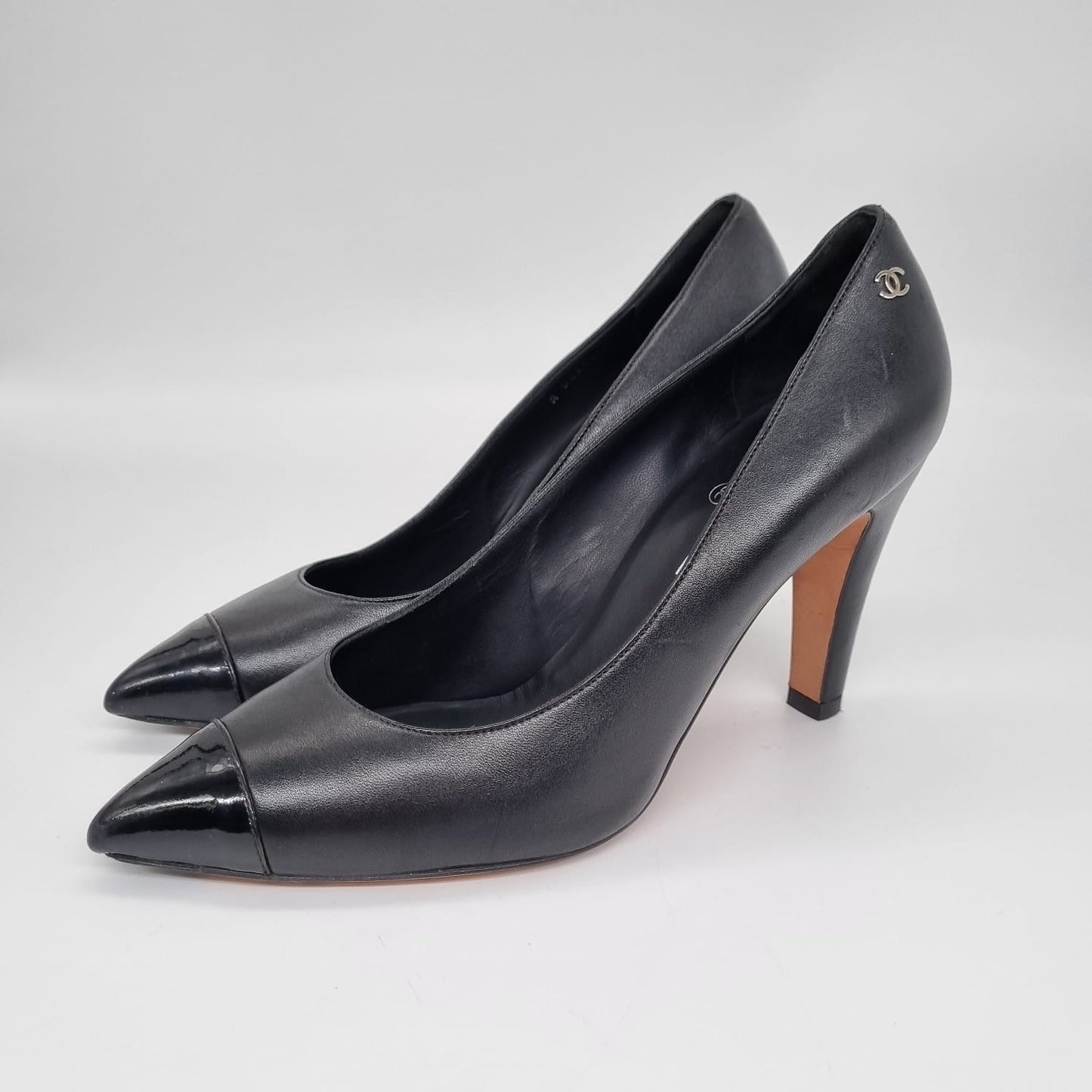 Chanel Pointed Cap Toe Pumps Patent Leather Black Size 41/26