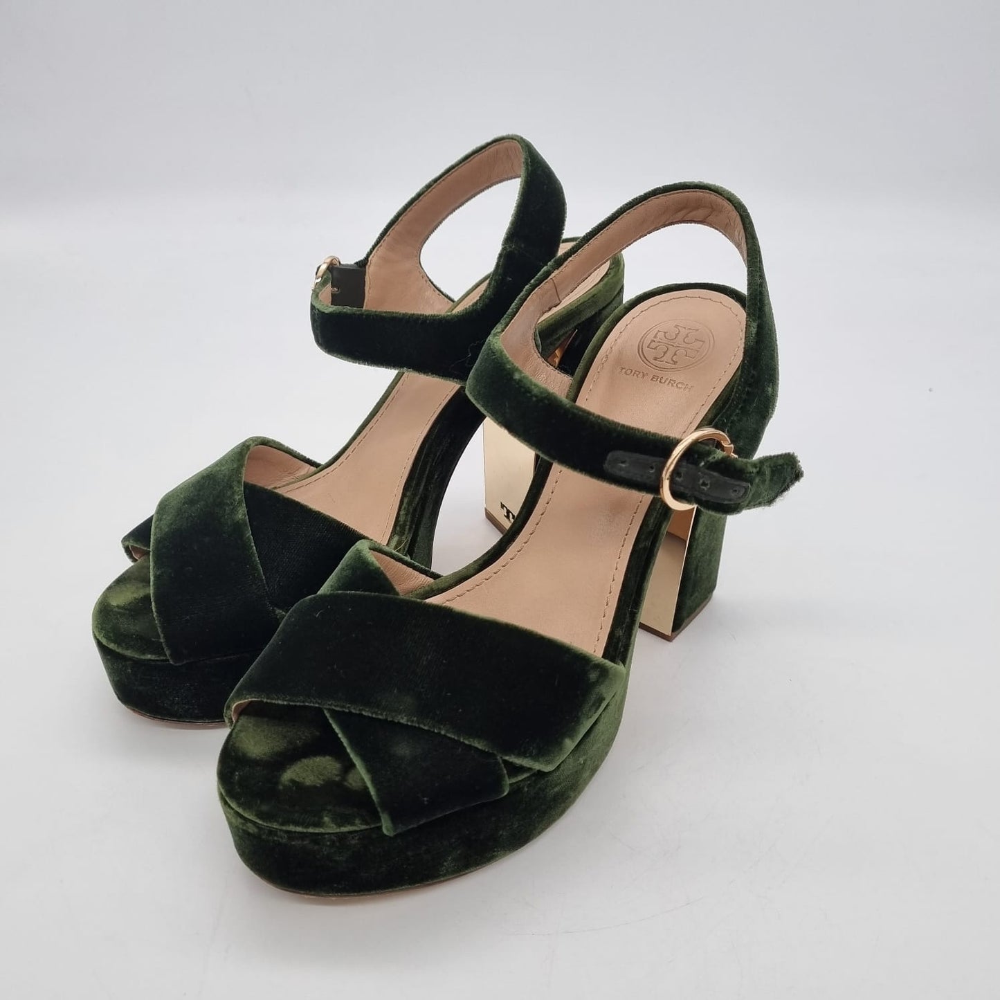 Tory Burch Loretta 115MM Platform Sandal Velvet Banana Leaf Size 7,5/24,5