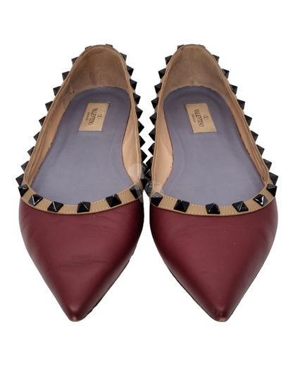 Valentino Rockstud Leather Ballet Flats Maroon Size 39/26 Dari Ujung