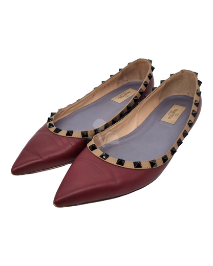 Valentino Rockstud Leather Ballet Flats Maroon Size 39/26 Dari Ujung