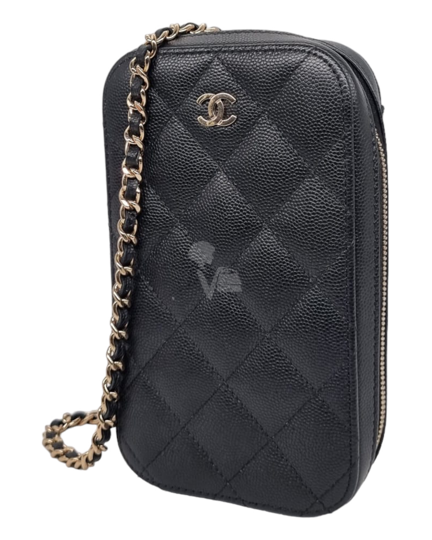 Chanel Phone Holder Black Caviar GHW #28 Size 10x4x17