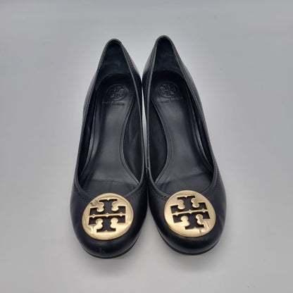 Tory Burch Weadges Gold Logo Black size 7.5M insole 24.5cm