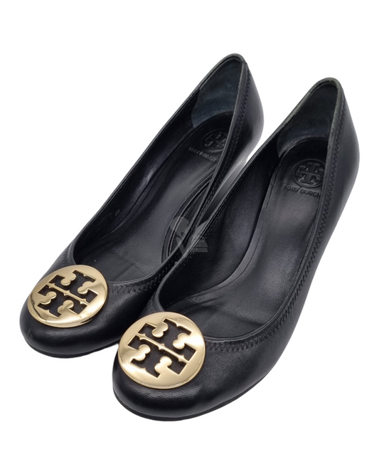 Tory Burch Weadges Gold Logo Black size 7.5M insole 24.5cm