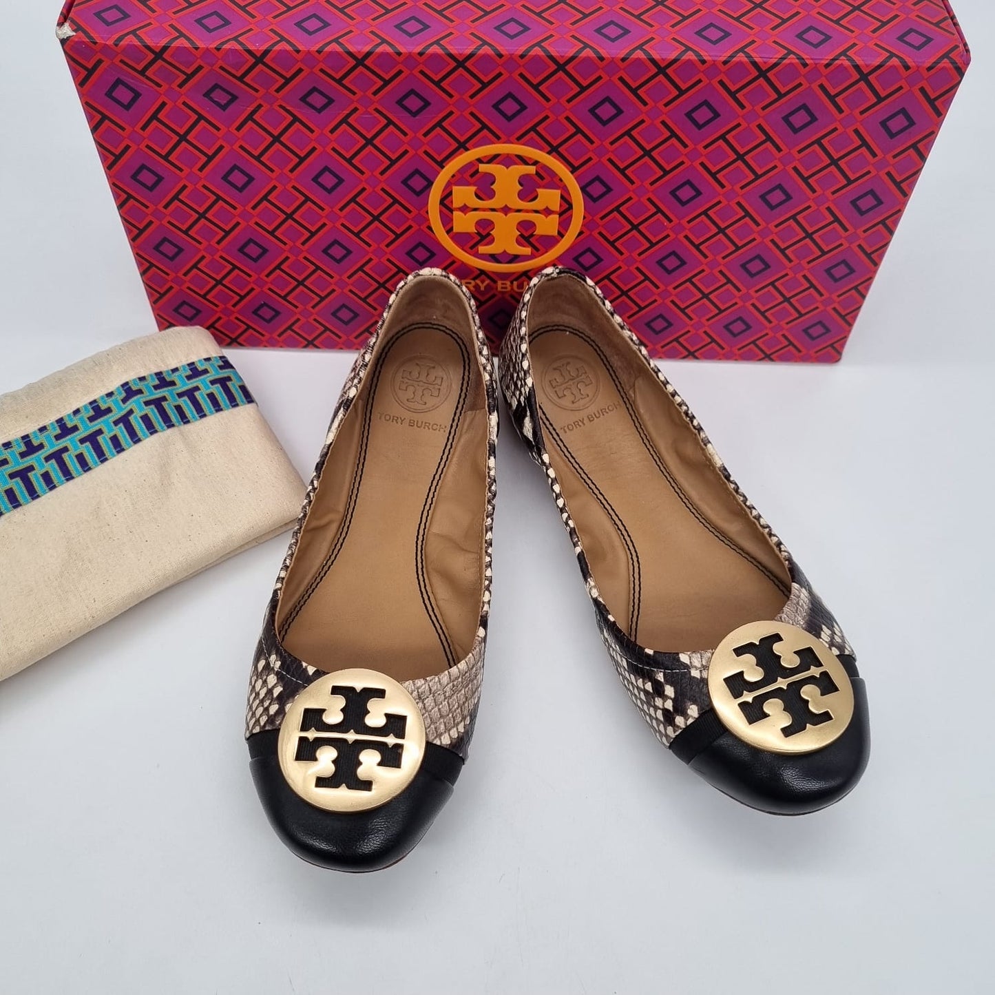 Tory Burch Minnie Captoe Ballet Stamped Snake Printed Nappa Leather Size 5/22