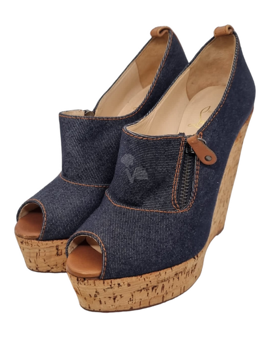 Christian Louboutin Blue Denim Debora Weadges Size 37 insole 23.5