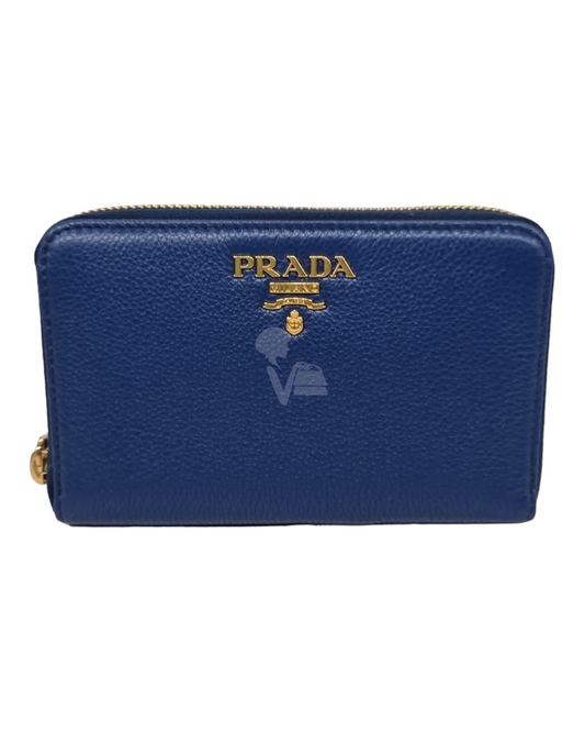 Prada Vitello Grain Leather Zip Around Wallet Bluette NEW Size 15x9