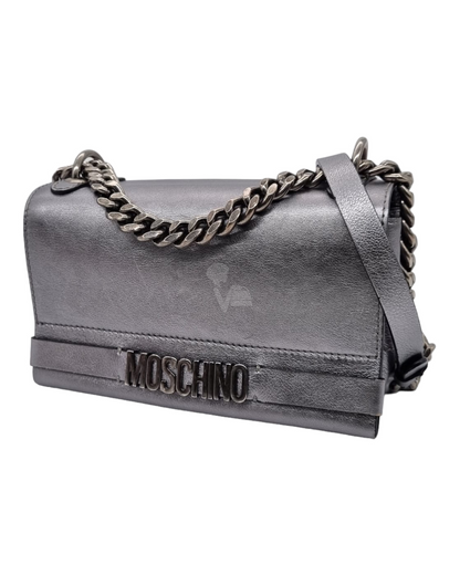 Moschino Handbag Leather Grey Metalic Size 20x7x13