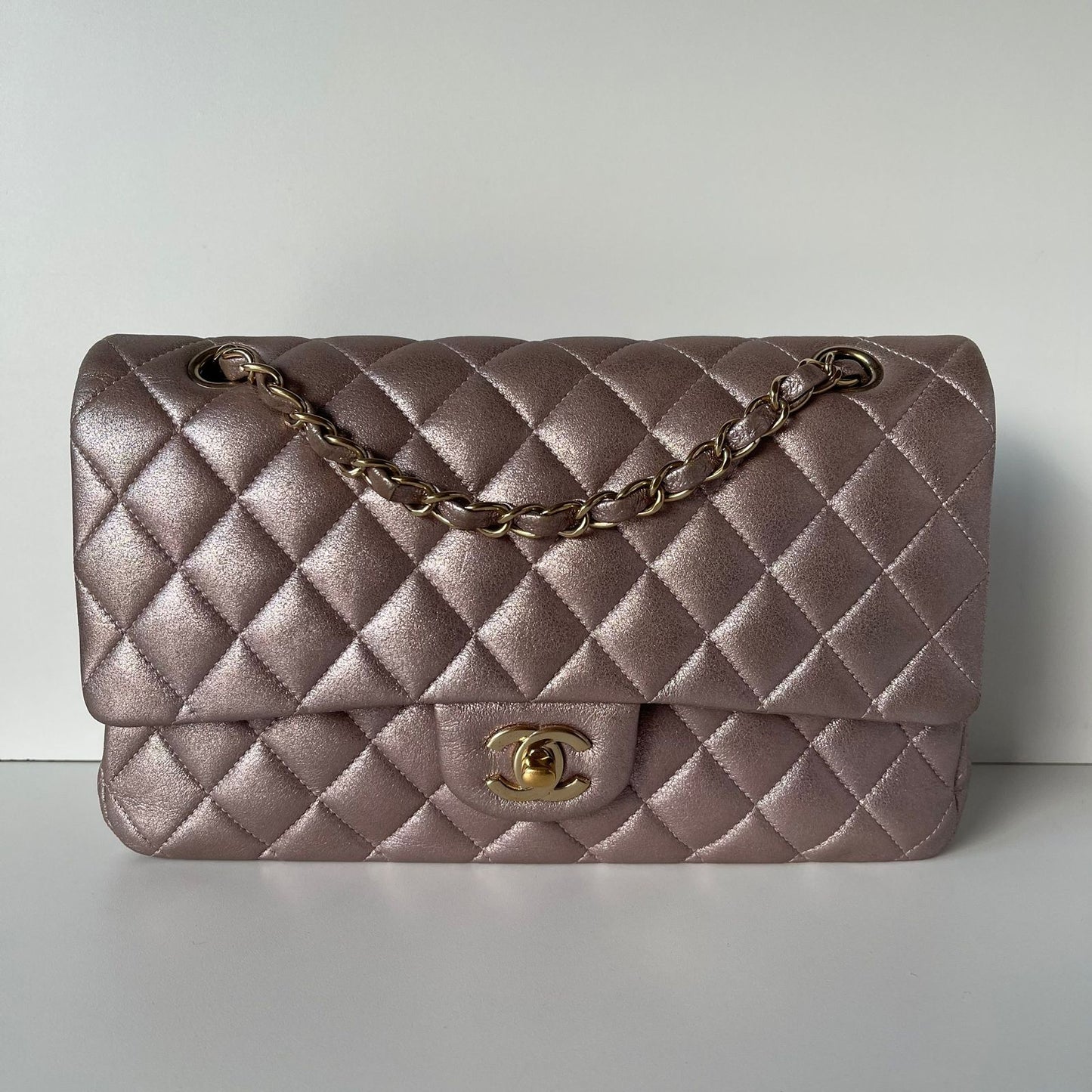 Chanel Rectangular Double Flap Goatskin Metallic Pink #19