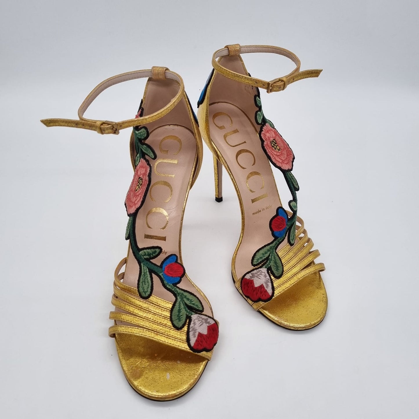 Gucci Ophelia Flower Gold Heels size 38 insole 25