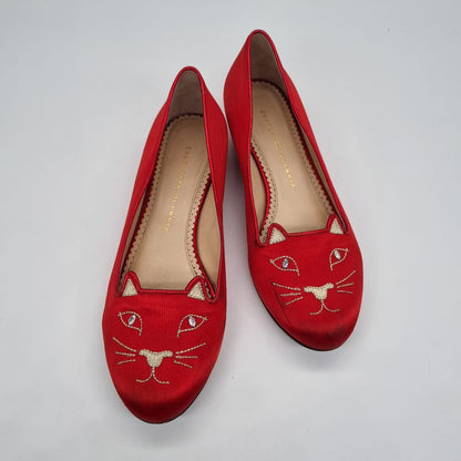 Charlotte Olympia Kitty Flat Satin Red Size 39/25