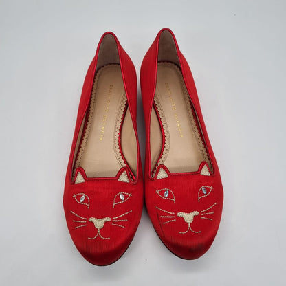 Charlotte Olympia Kitty Flat Satin Red Size 39/25