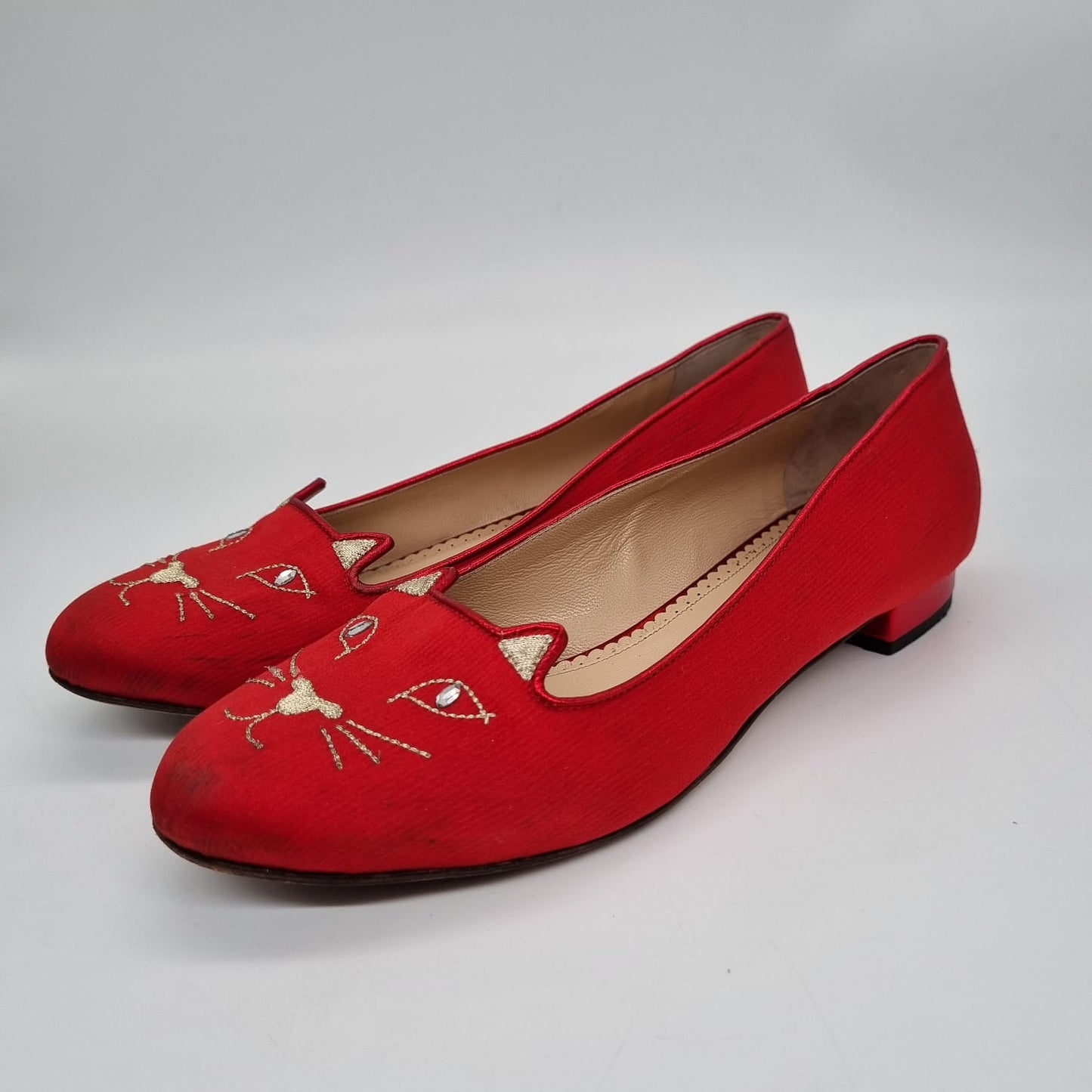 Charlotte Olympia Kitty Flat Satin Red Size 39/25