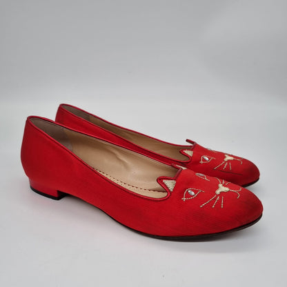 Charlotte Olympia Kitty Flat Satin Red Size 39/25