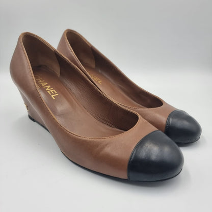 Chanel lambskin Cap toe wedges Size 37.5/24.5