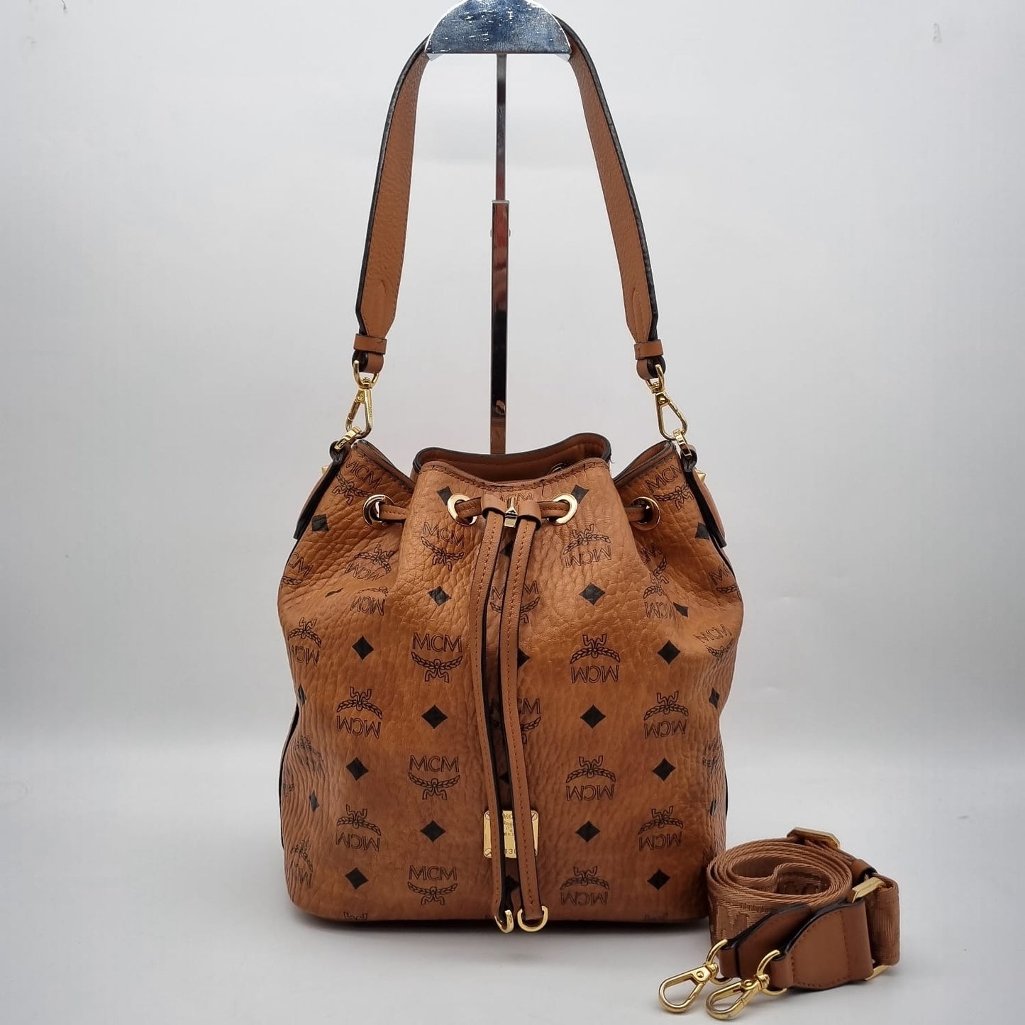 MCM Visetos Drawstring Bucket Bag Brown Size 23x15x25