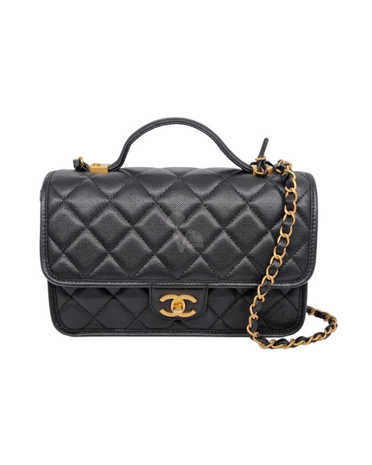 Chanel Top Handle Flap Bag Black Caviar GHW CHIP NBU Size 23x7x18