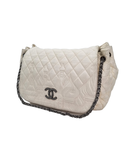 Chanel Paris Moscow Limited Edition Flap Bag Calfskin White RHW #12 Size 33x17x24