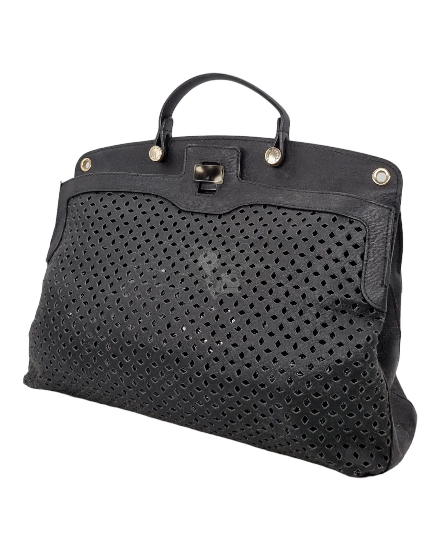 Furla Perforated Leather Piper Top Handle Bag Black Size 36x11x31