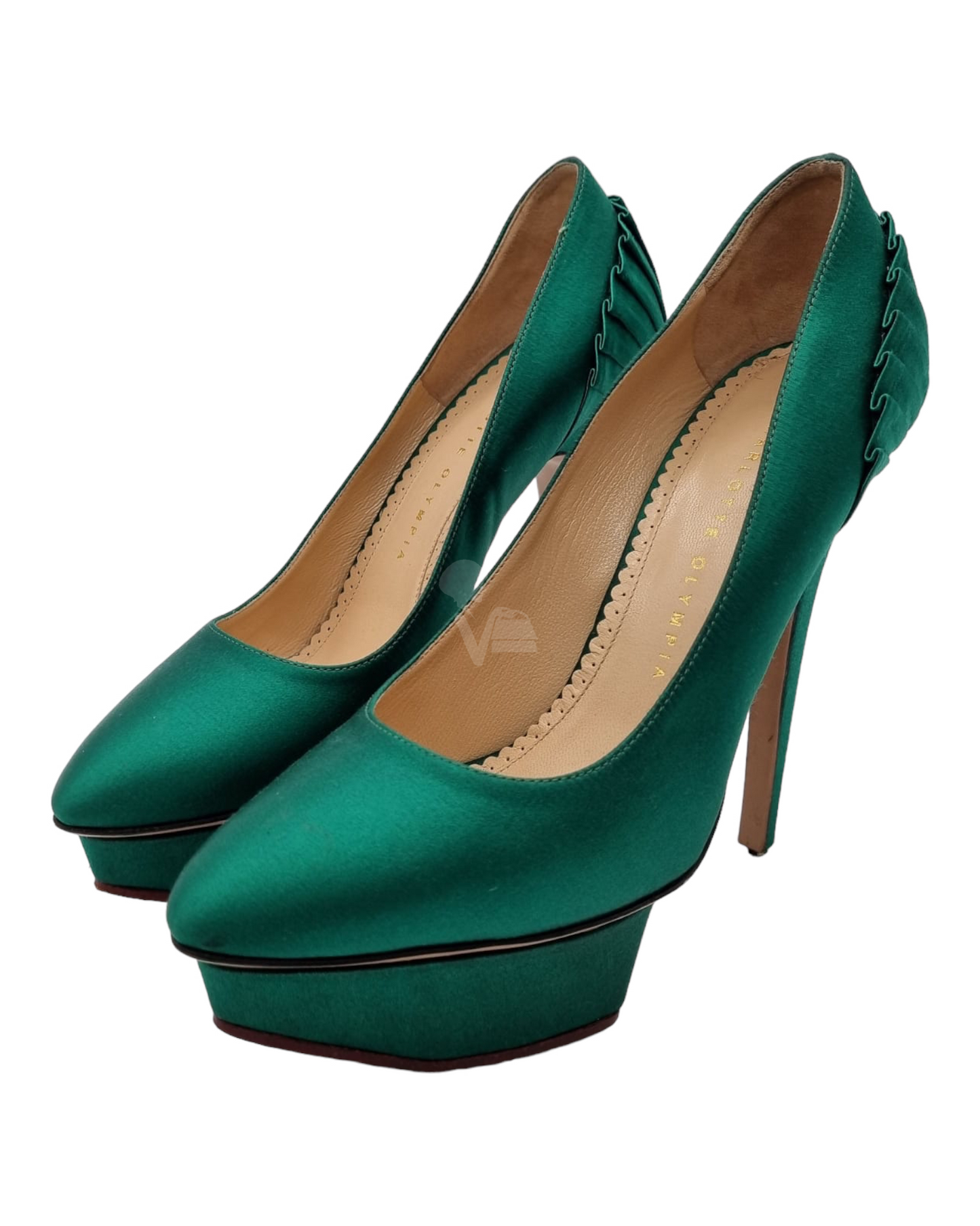 Charlotte Olympia Heels Green Satin Size 37,5/25 Dari Ujung