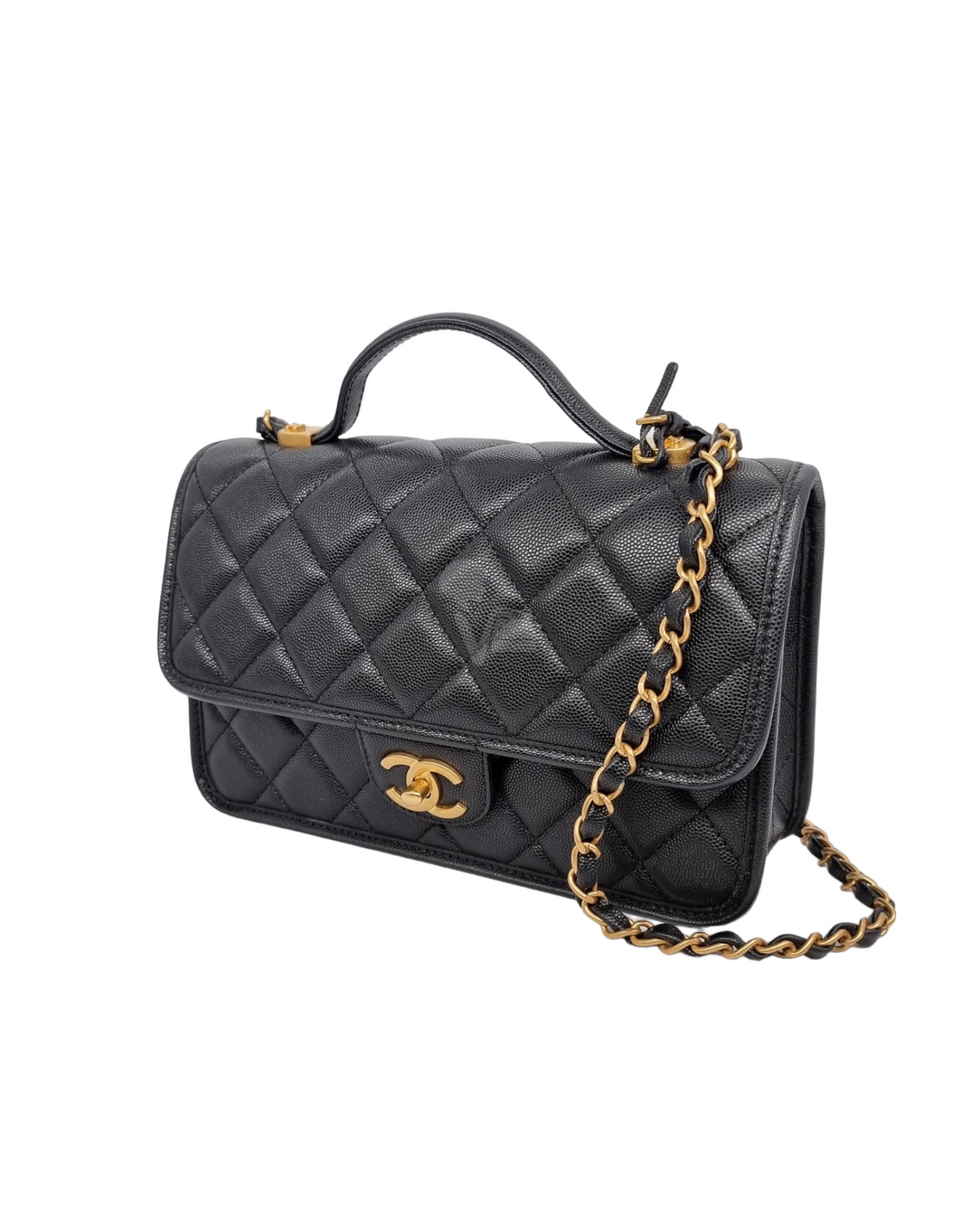 Chanel Top Handle Flap Bag Black Caviar GHW CHIP NBU Size 23x7x18