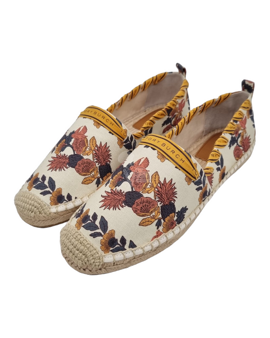 Tory Burch Grossgrain Whipstitch Espadrille Recycled Printed Canvas Orange Wonderland NEW Size 9,5/26