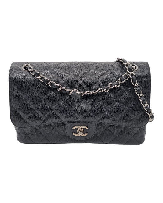 Chanel Classic Jumbo Black Caviar Double Flap SHW #18 Size 30x9x22